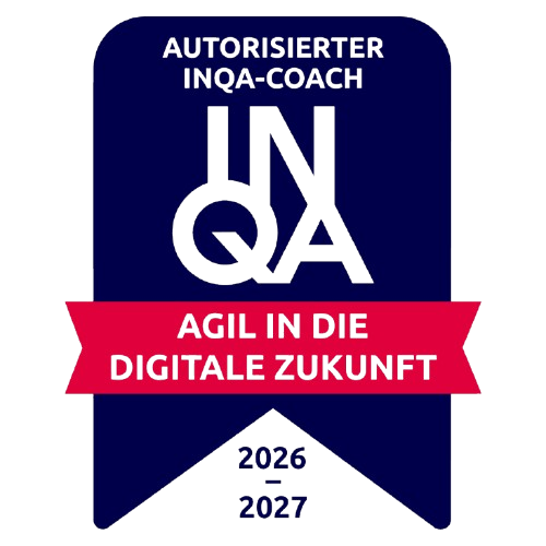 Autorisierer INQA-Coach Logo des autorisierten INQA-Coaches mit dem Slogan "Agil in die digitale Zukunft" 2026–2027.